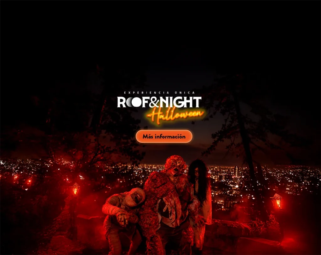 Promoción de Roof & Night Halloween con figuras de zombis bajo luces rojas en el Cerro San Cristóbal, vistas nocturnas de Santiago y texto “Experiencia Única Roof & Night Halloween”