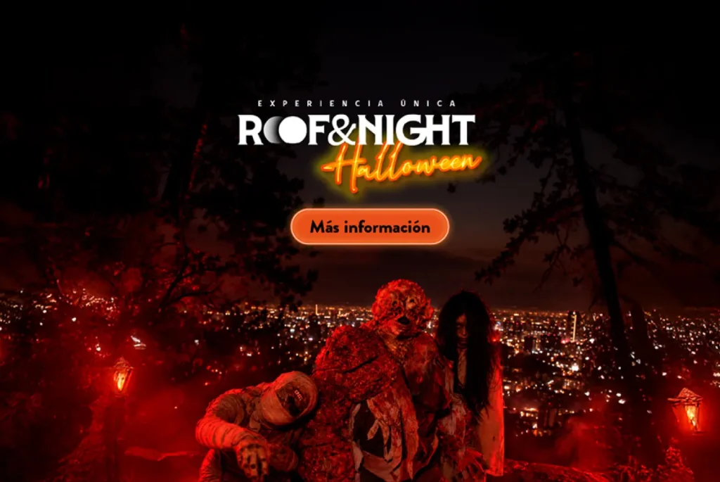 Promoción de Roof & Night Halloween con figuras de zombis bajo luces rojas en el Cerro San Cristóbal, vistas nocturnas de Santiago y texto “Experiencia Única Roof & Night Halloween”