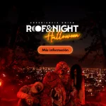 Promoción de Roof & Night Halloween con figuras de zombis bajo luces rojas en el Cerro San Cristóbal, vistas nocturnas de Santiago y texto “Experiencia Única Roof & Night Halloween”